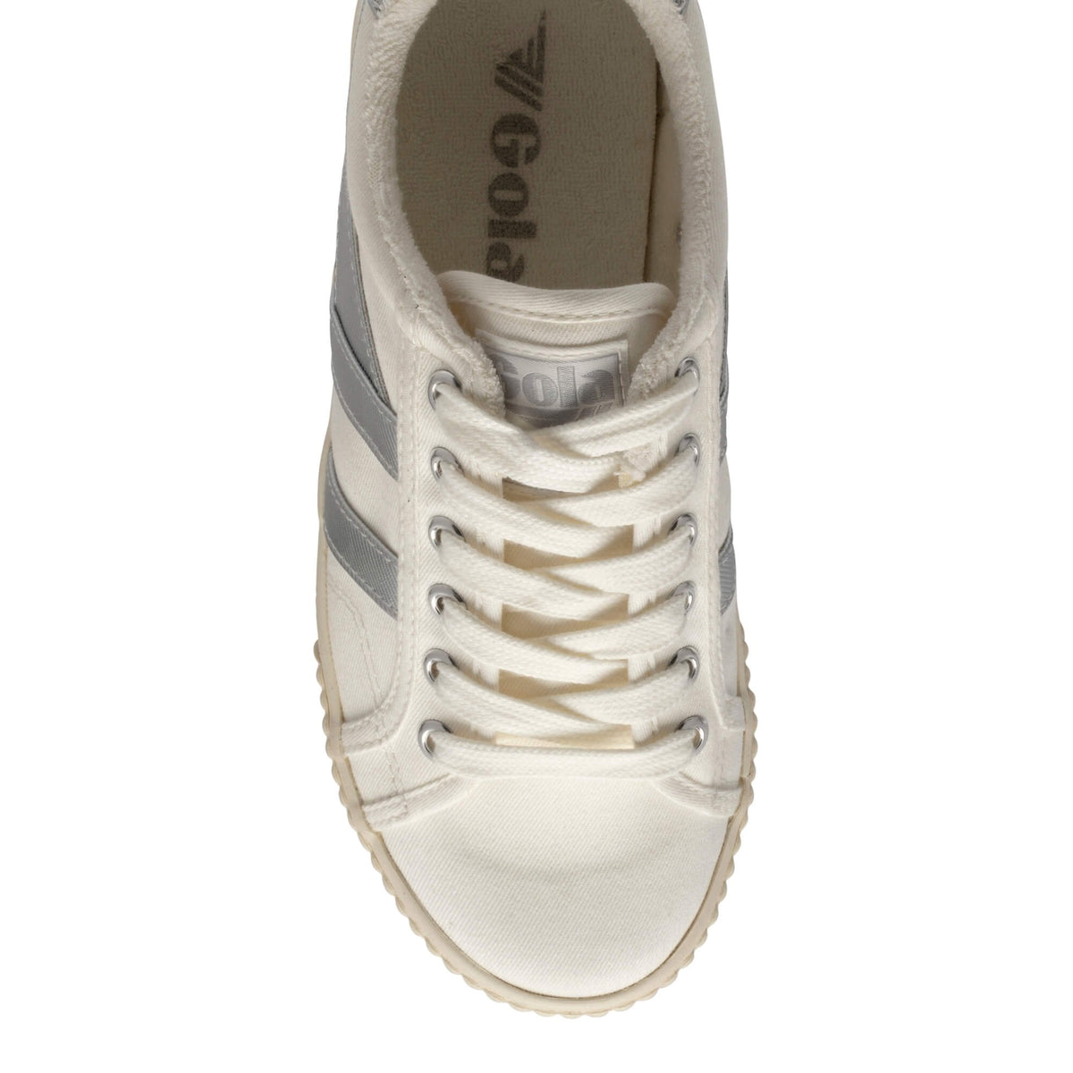 Gola Classics white canvas trainer with silver side stripes and lace up fastening