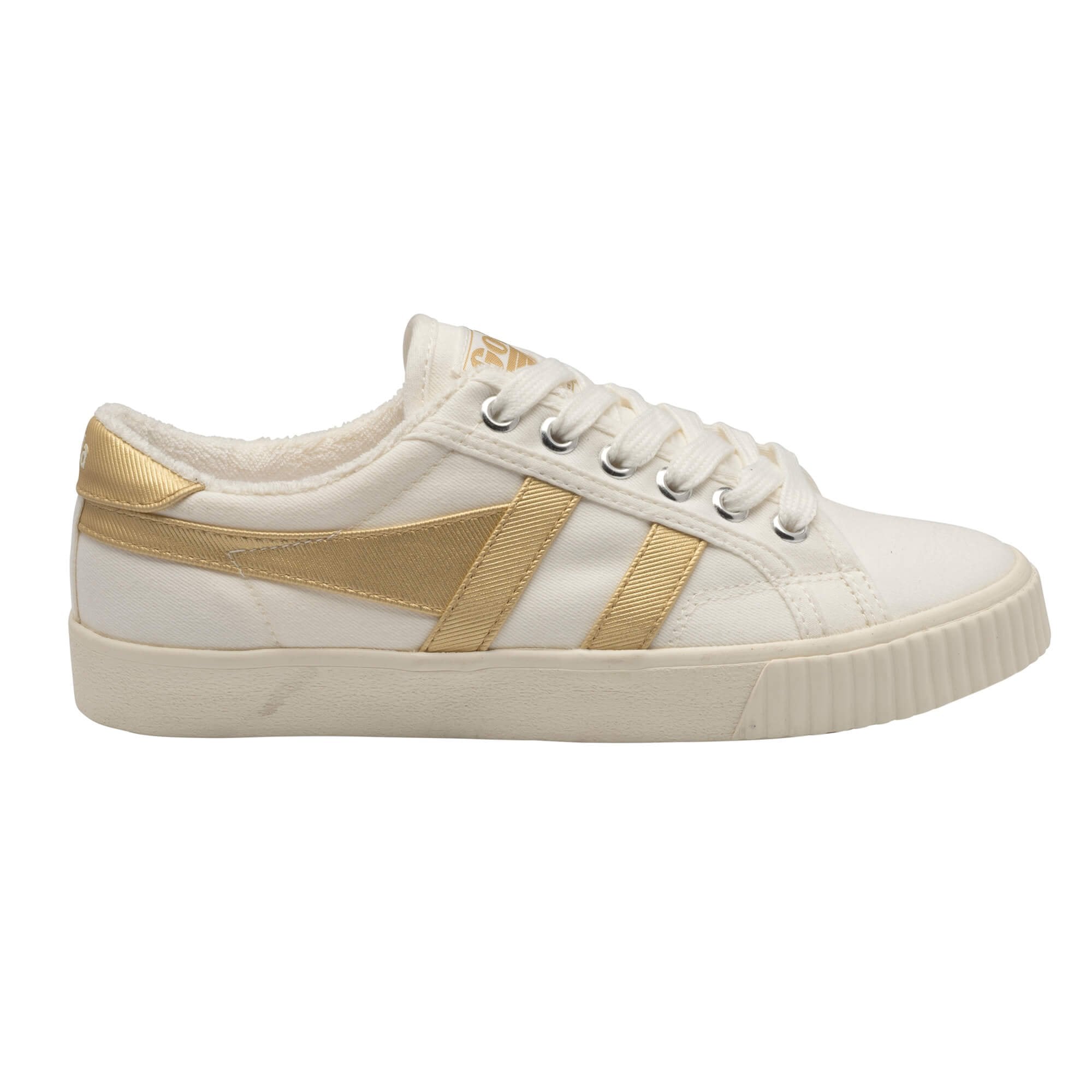 Gola Classics cream canvas trainer with metallic gold side stripes and lace up fastening