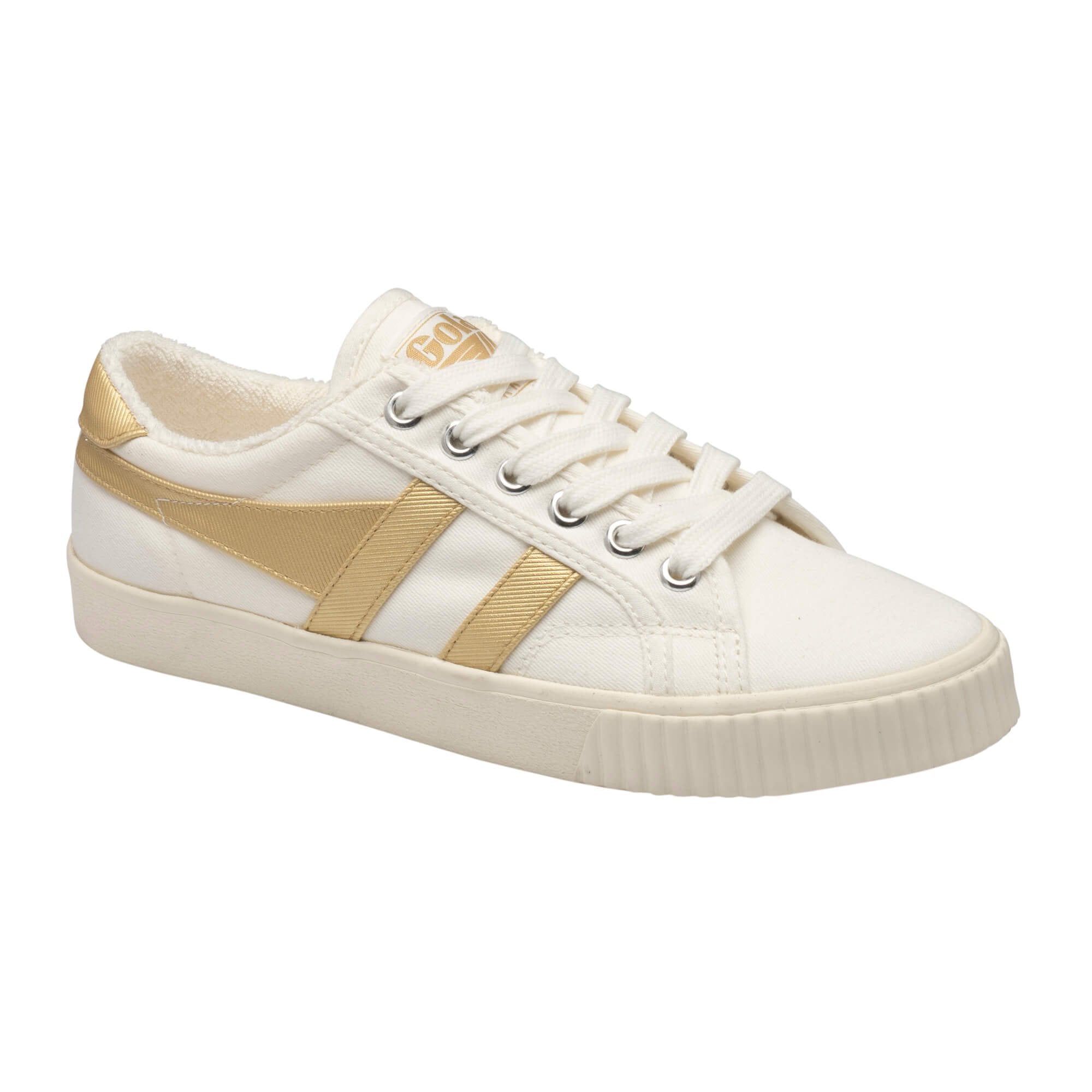 Gola Classics cream canvas trainer with gold side stripes and matching heel tab