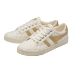 Gola Classics off-white canvas trainers with gold side stripes and laces