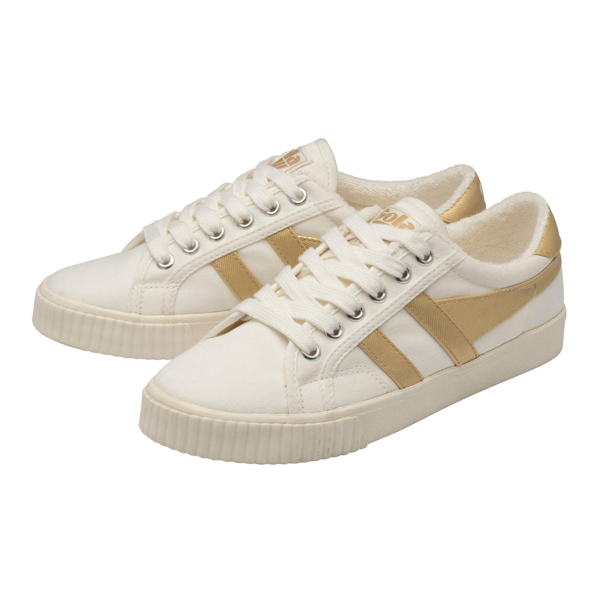 Gola Classics off-white canvas trainers with gold side stripes and laces