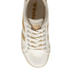 Top view of a cream Gola Classics canvas trainer with gold side stripes and lace up fastening