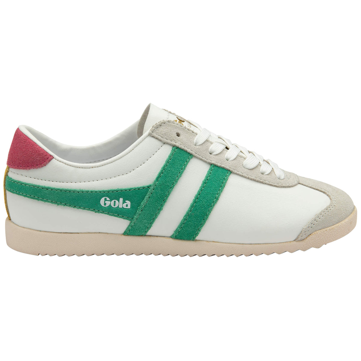Gola Classics white trainer with green side stripes and pink heel tab