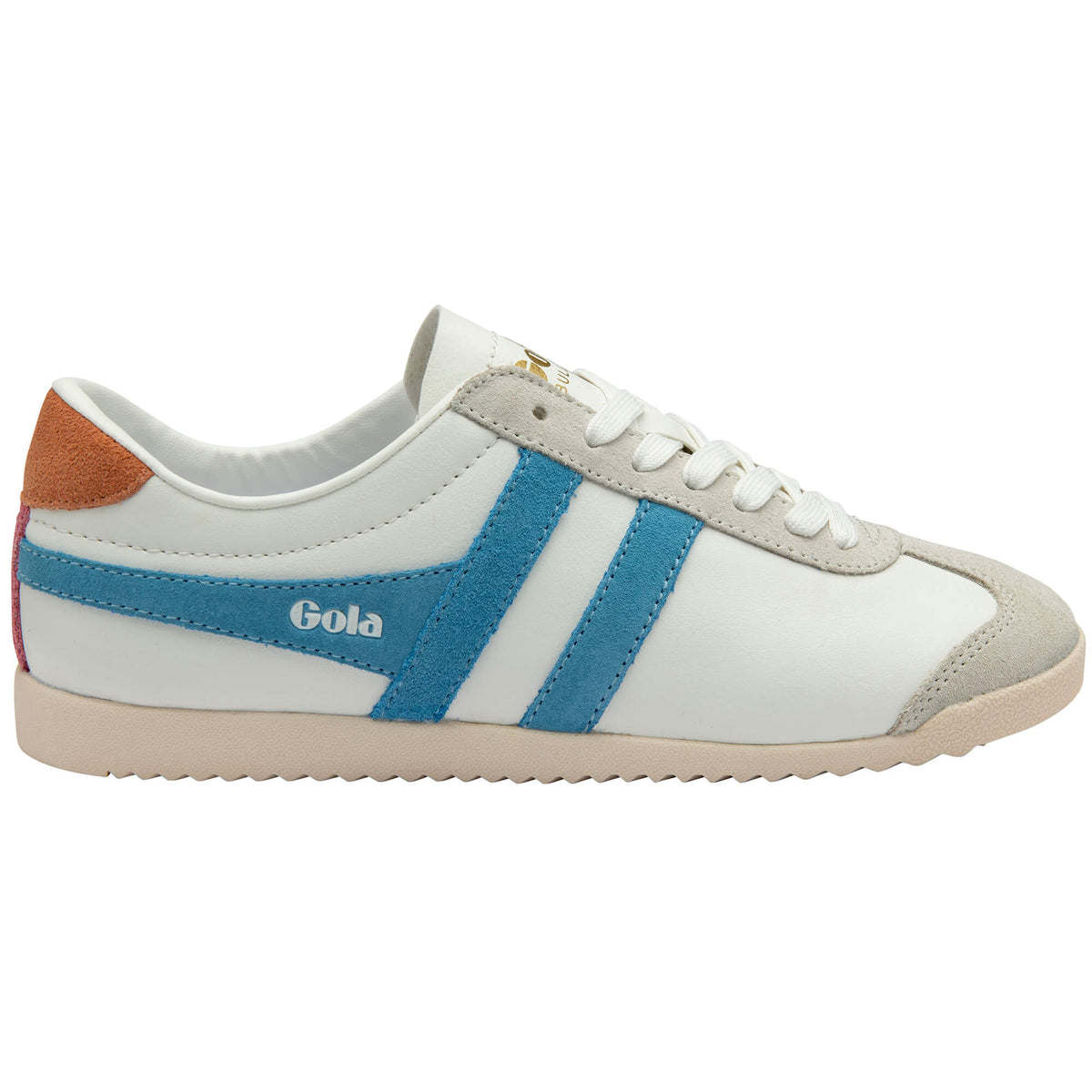 Gola Classics white trainer with blue side stripes and grey suede detailing