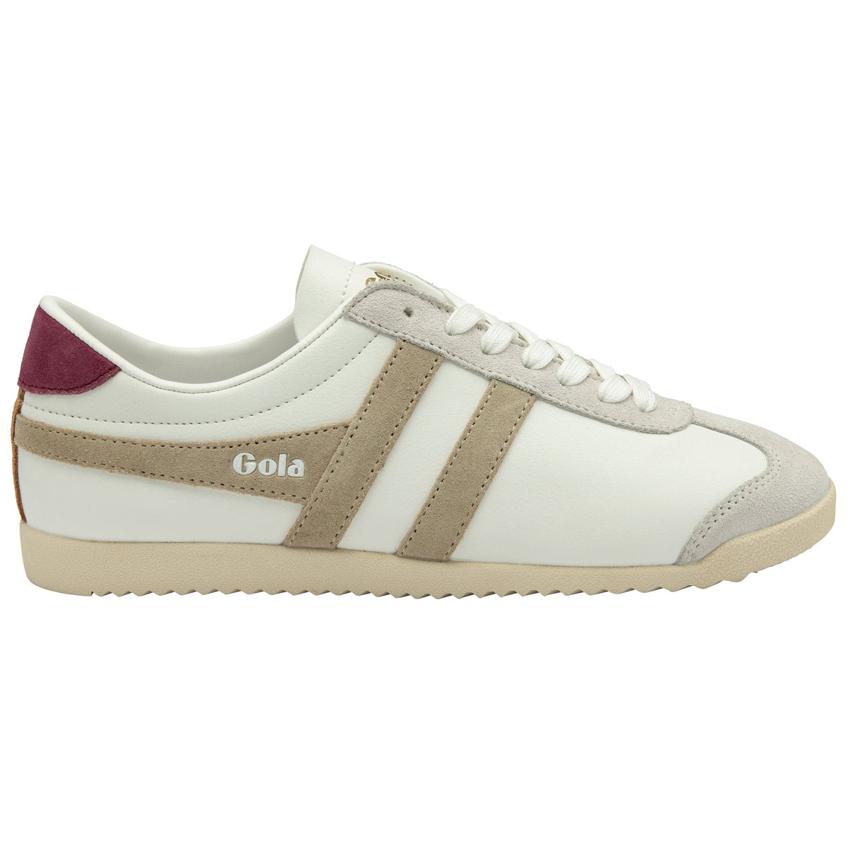 Gola Classics white trainer with beige stripes and a burgundy heel tab