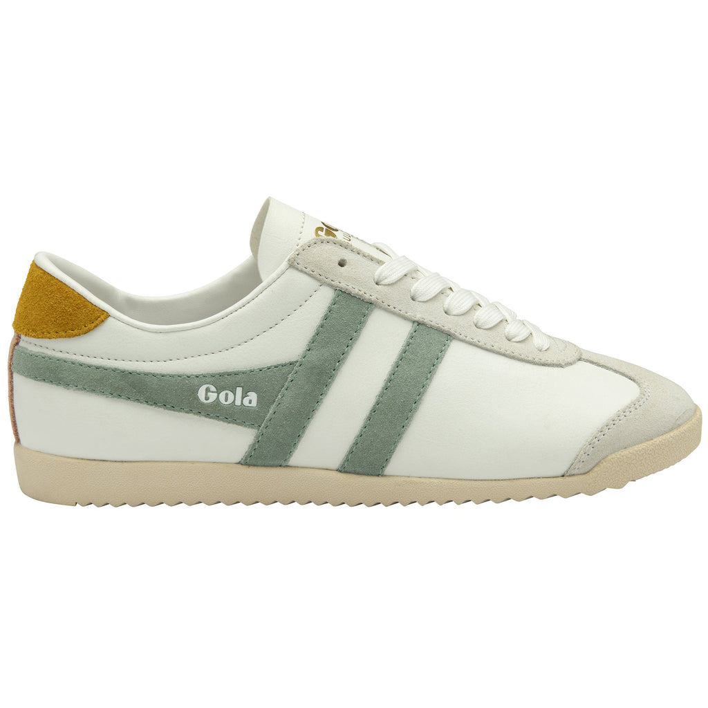 Gola Classics white trainer with green side stripes and mustard heel tab