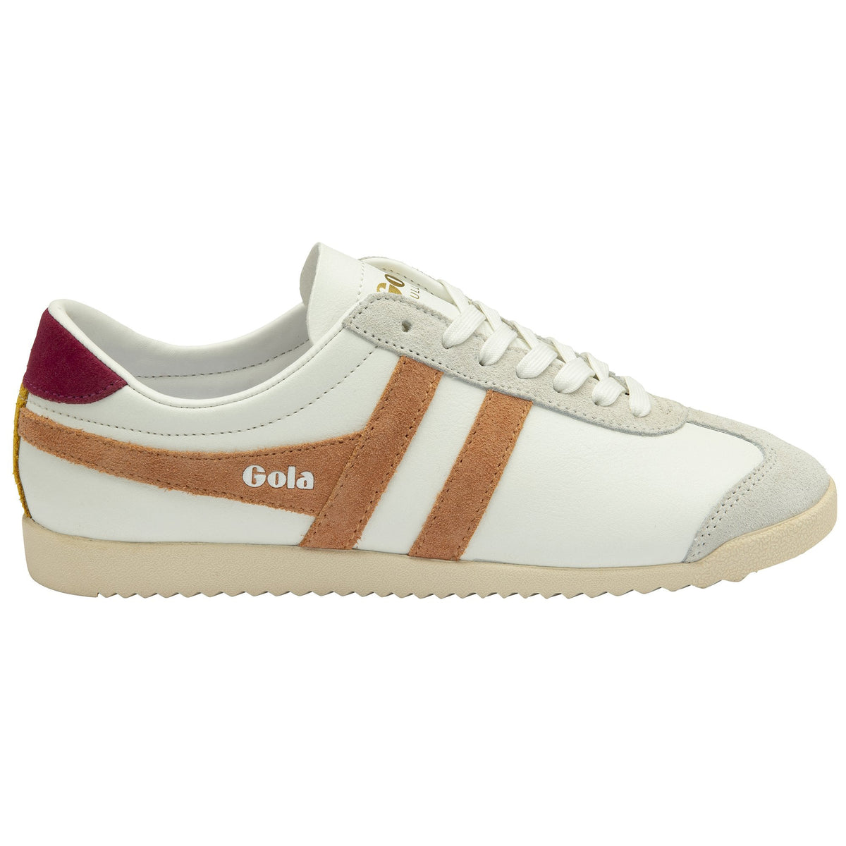Gola Classics white leather trainer with tan suede stripes and a burgundy heel tab