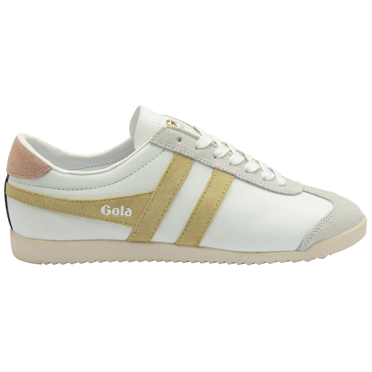 Gola Classics white trainer with beige suede detailing and a pink heel tab