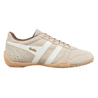 Beige suede Gola trainer with white side stripes and a gum sole