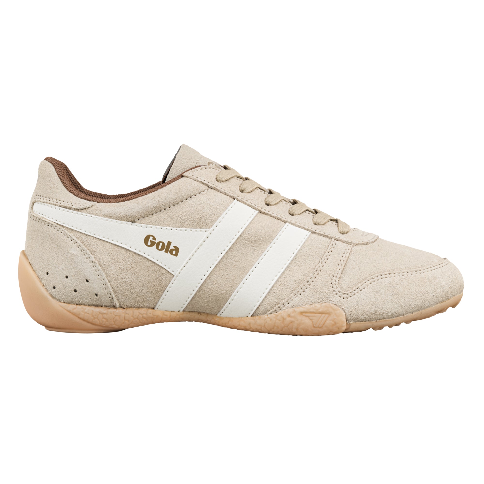 Beige suede Gola trainer with white side stripes and a gum sole