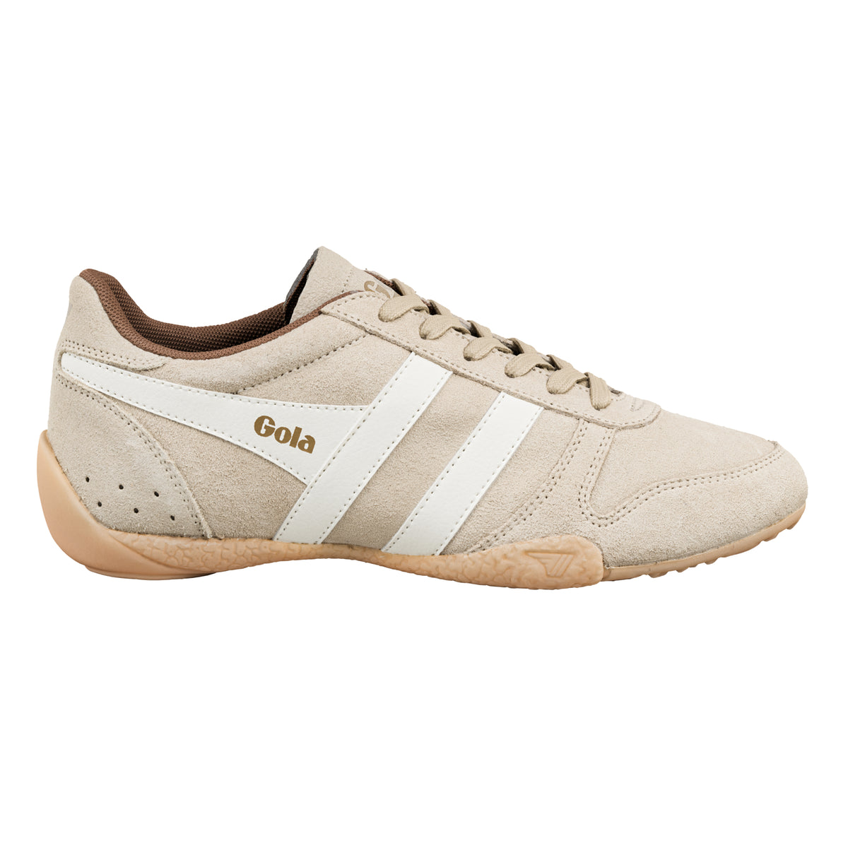 Gola Classics beige suede trainer with white side stripes and gum sole