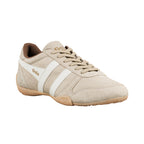 Beige suede Gola trainer with white side stripes and gum rubber sole