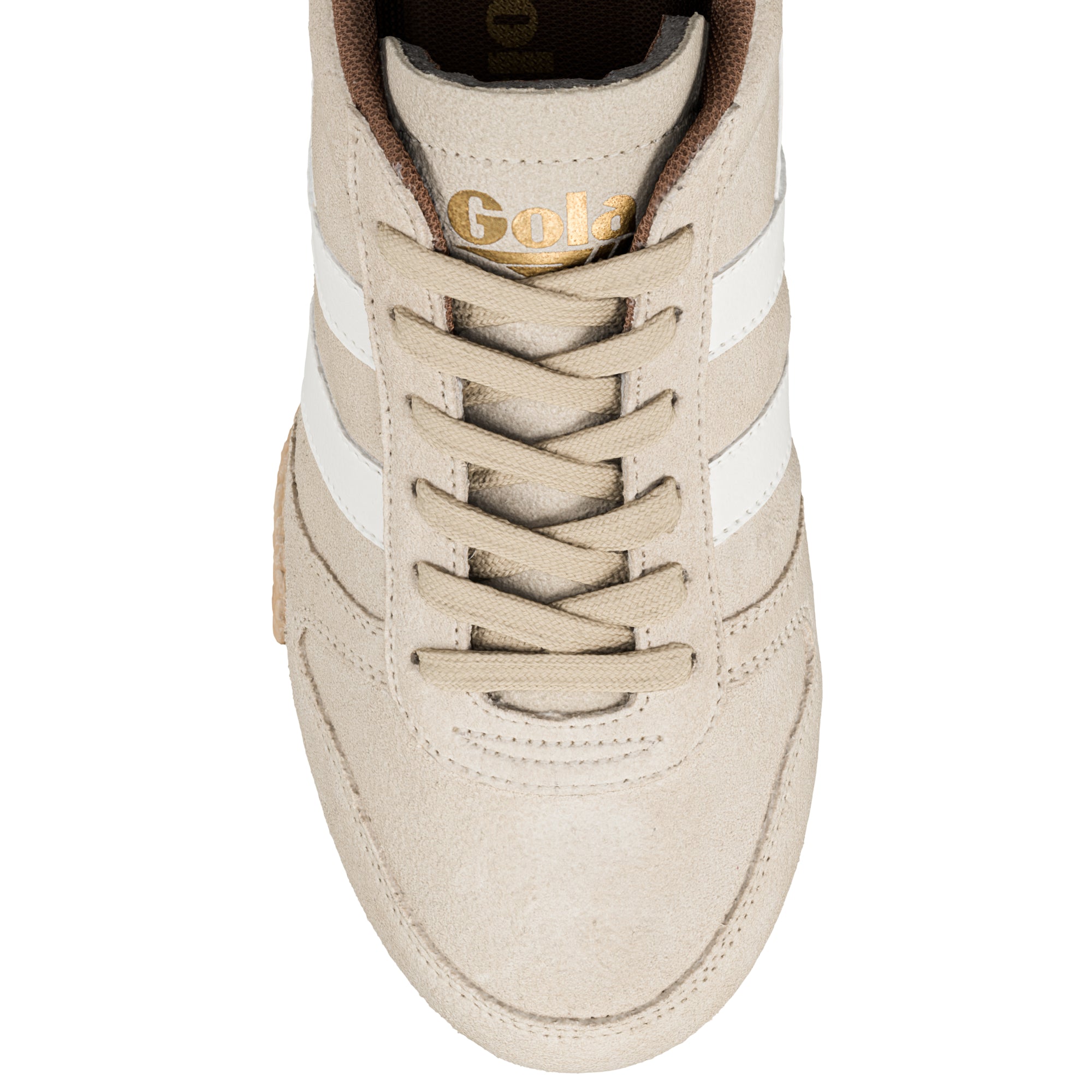 Top view of a beige suede Gola trainer with white side stripes and matching laces