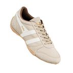Beige suede Gola trainer with white side stripes and gum sole