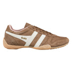 Brown suede Gola trainer with white side stripes and gum sole