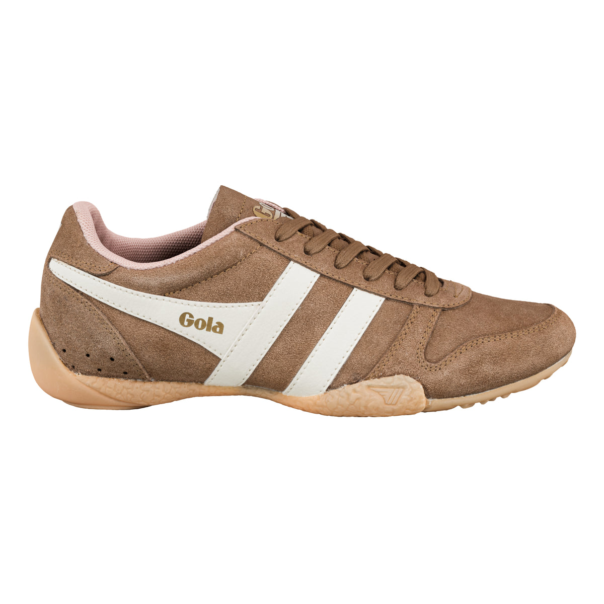 Gola Classics brown suede trainer with white side stripes and gum sole