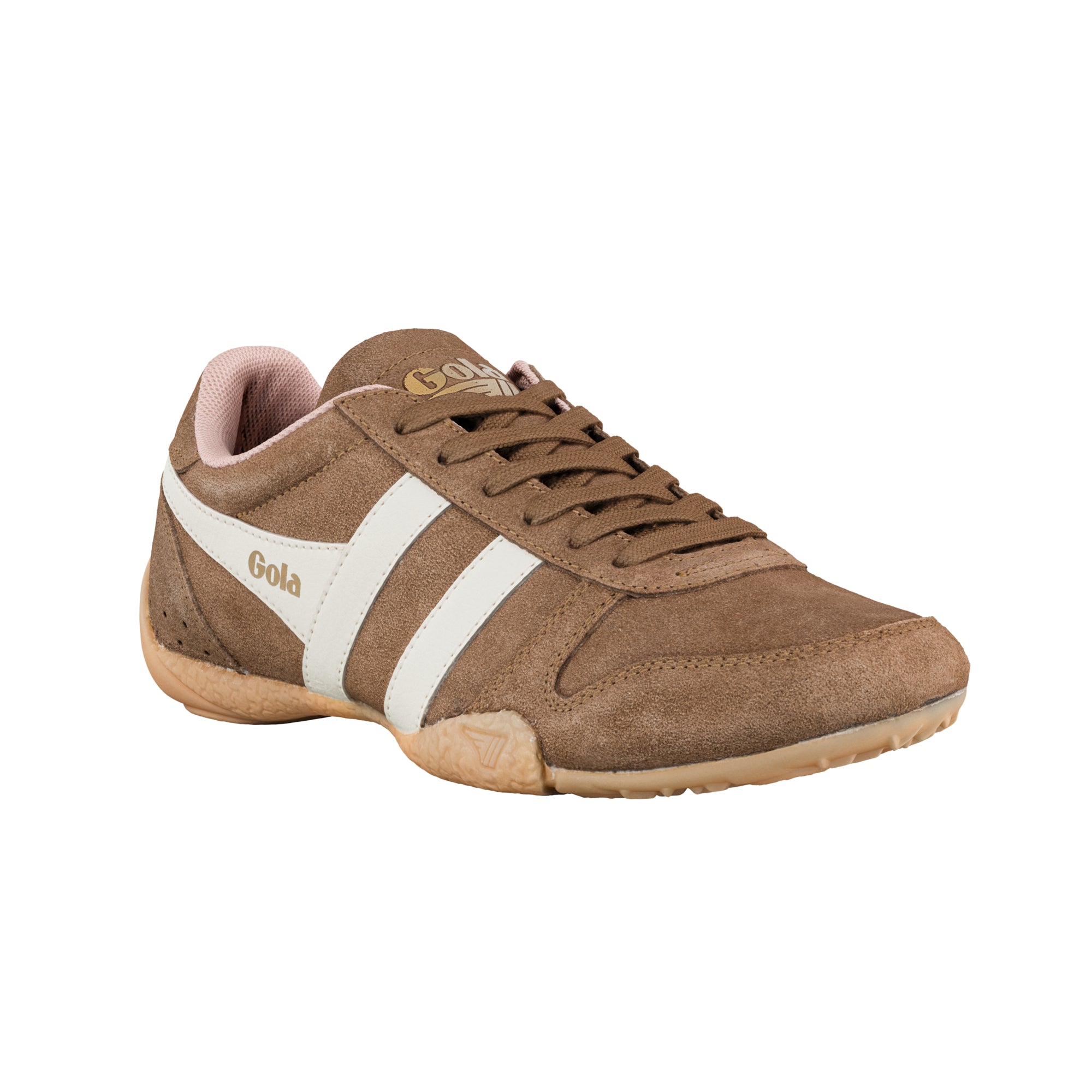 Brown suede Gola trainer with white side stripes and gum sole