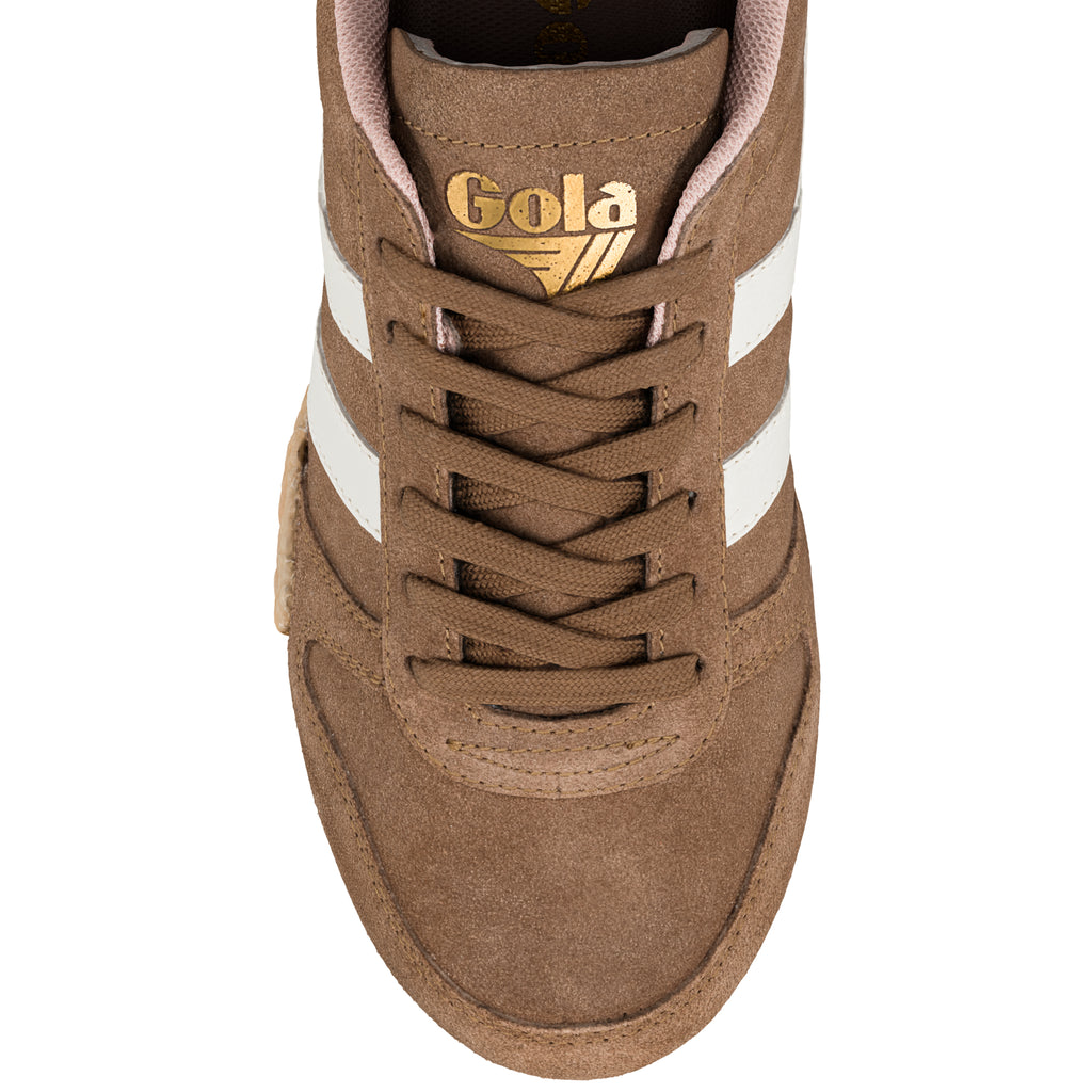 Brown suede Gola trainer with white side stripes and gold branding