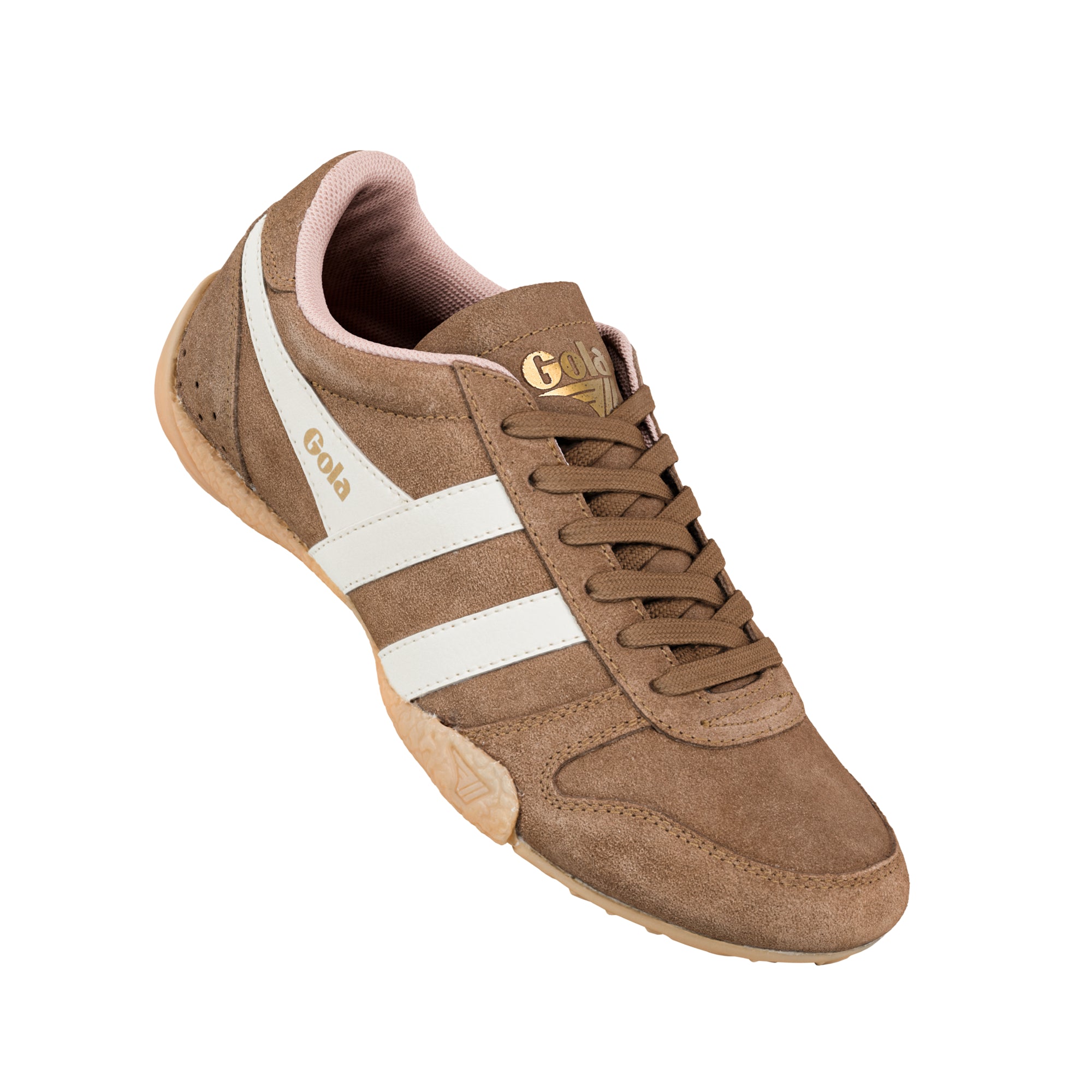 Brown suede Gola trainer with white side stripes and gum sole