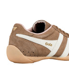 Rear view of a brown suede Gola trainer with white side stripes and a gum rubber sole