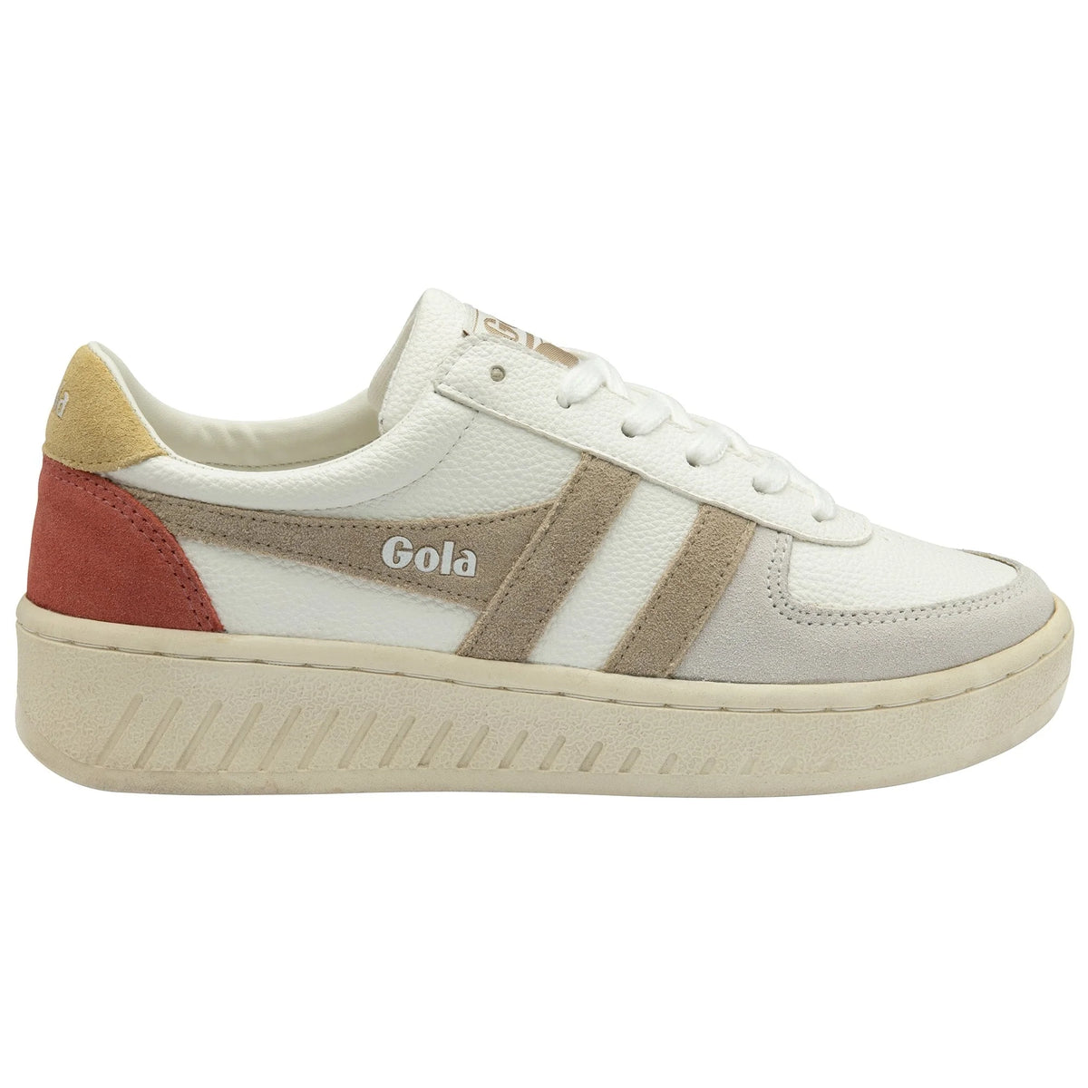 Gola Classics white trainer with beige and terracotta suede detailing and a chunky cream sole