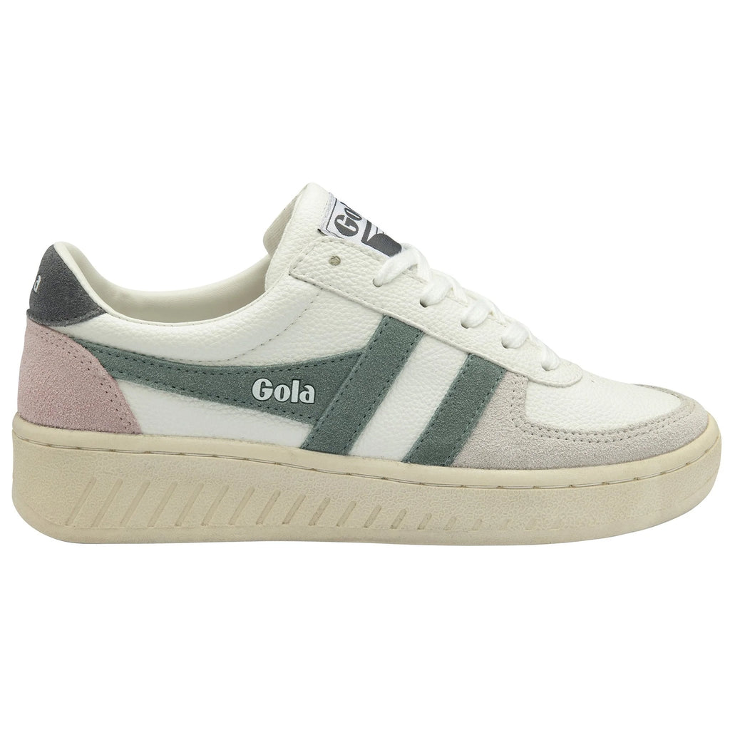 Gola Classics white trainer with green and pink suede detailing and a cream rubber sole
