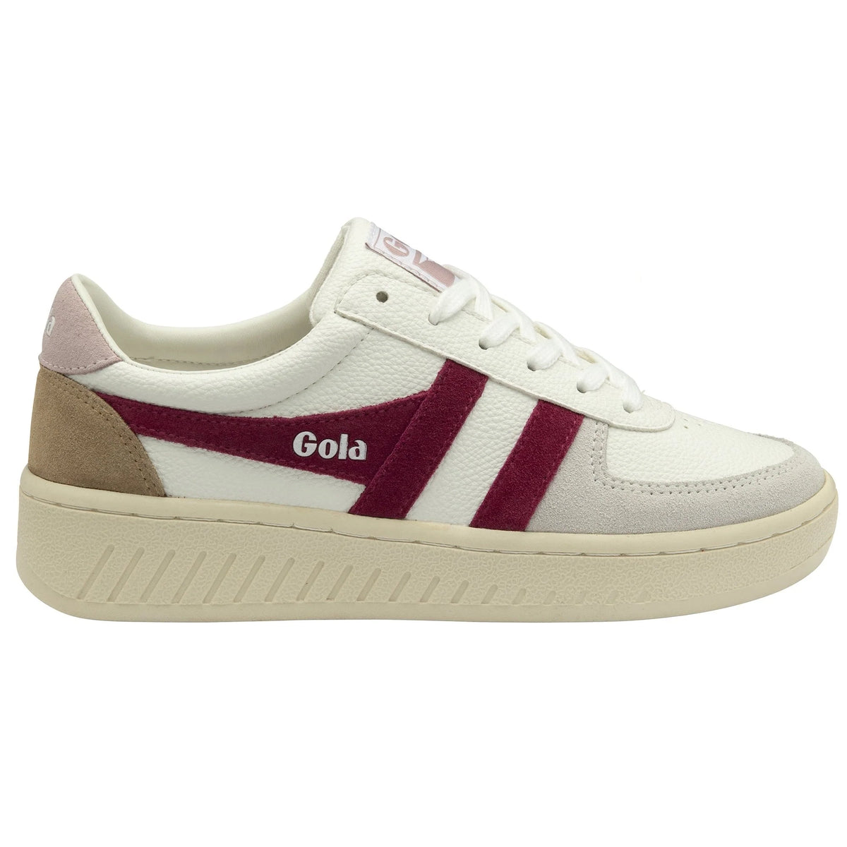 Gola Classics white trainer with burgundy side stripes and beige suede heel and toe panels
