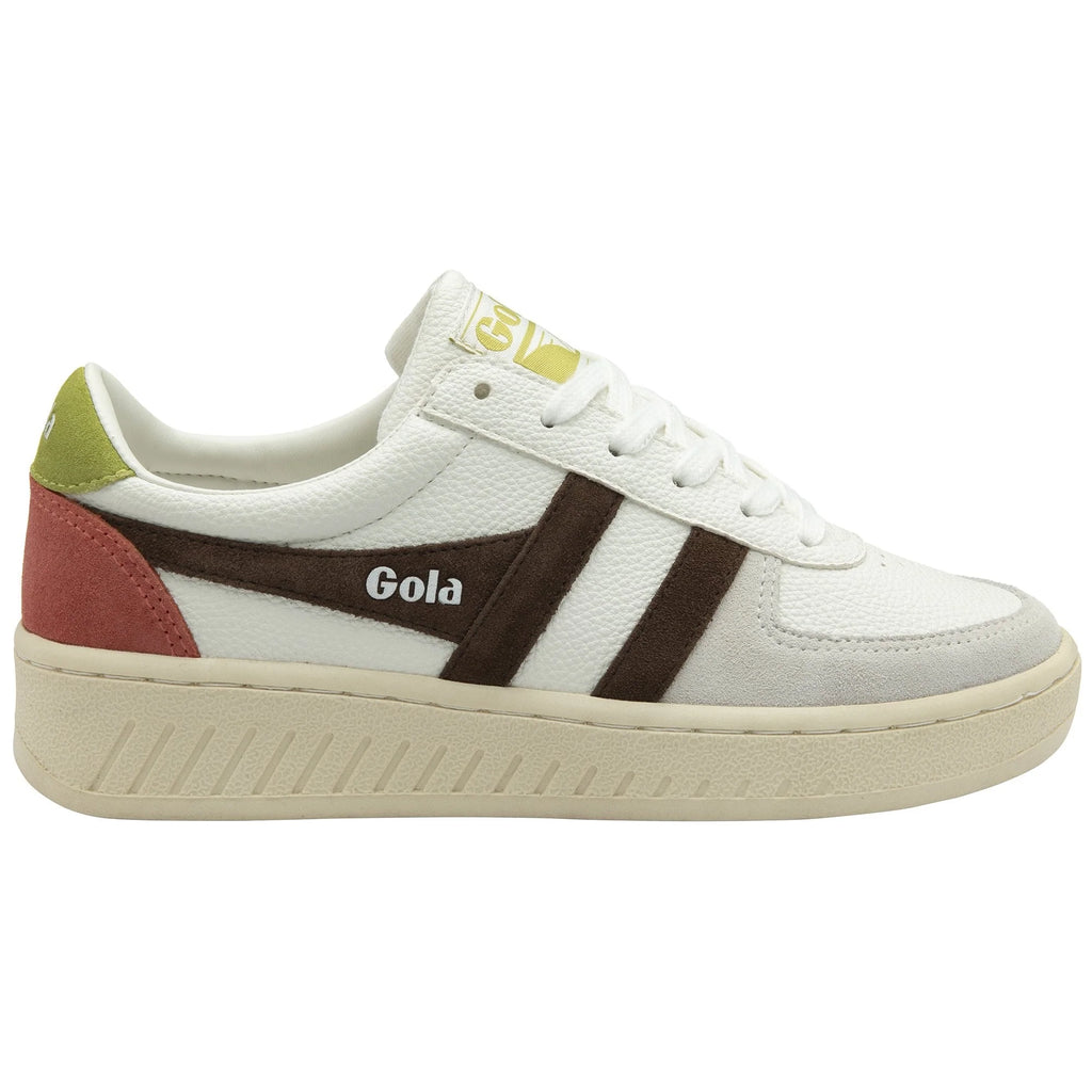 Gola Classics white trainer with brown side stripes and red and green heel detail