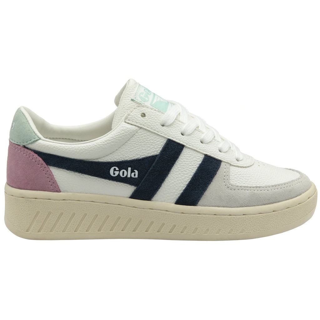 Gola Classics white trainer with navy blue stripes and pink and mint green heel panels