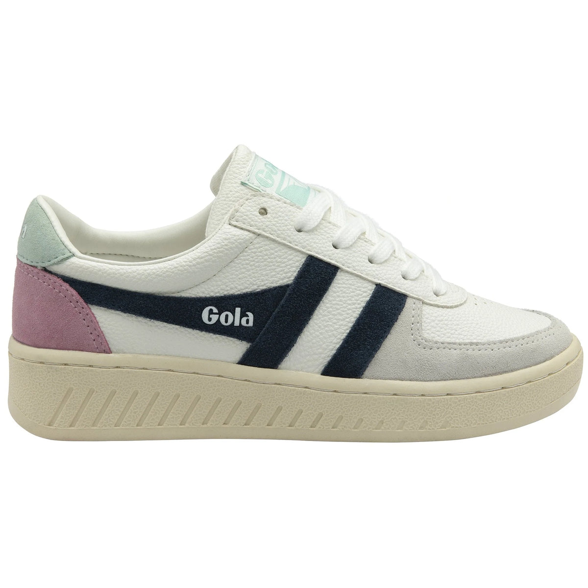 Gola Classics white trainer with navy blue stripes and pink and mint green heel panels