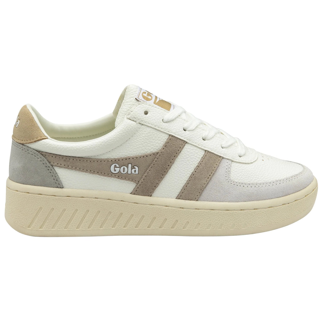Gola Classics white trainer with beige and grey suede detailing and a chunky cream sole