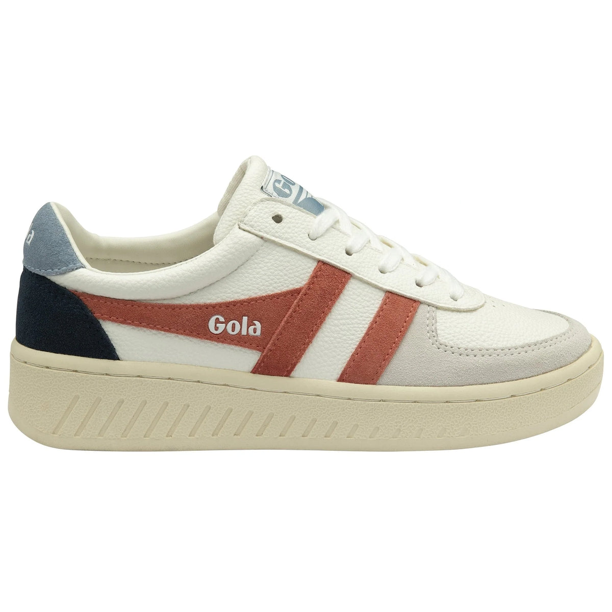 Gola Classics white trainer with terracotta stripes and navy heel tab