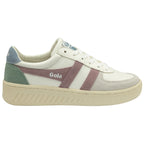 Gola Classics white trainer with mauve and green suede panels and a cream sole