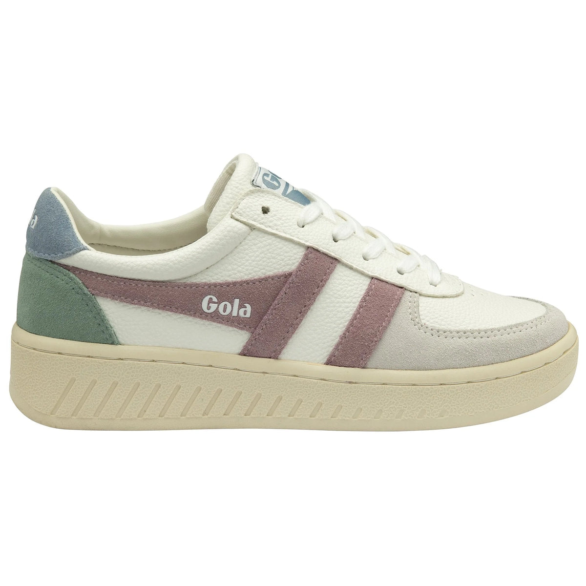 Gola Classics white trainer with mauve and green suede panels and a cream sole