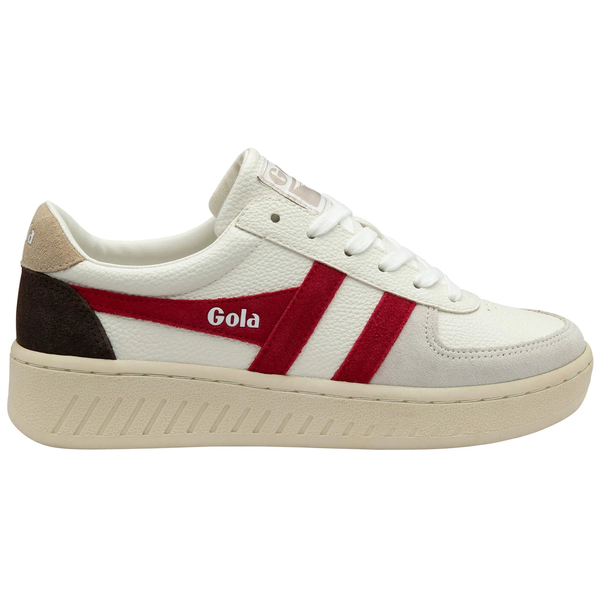 Gola Classics white trainer with red side stripes and brown heel panel