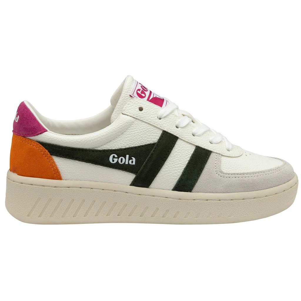 Gola Classics white trainer with green stripes and orange and pink heel detail