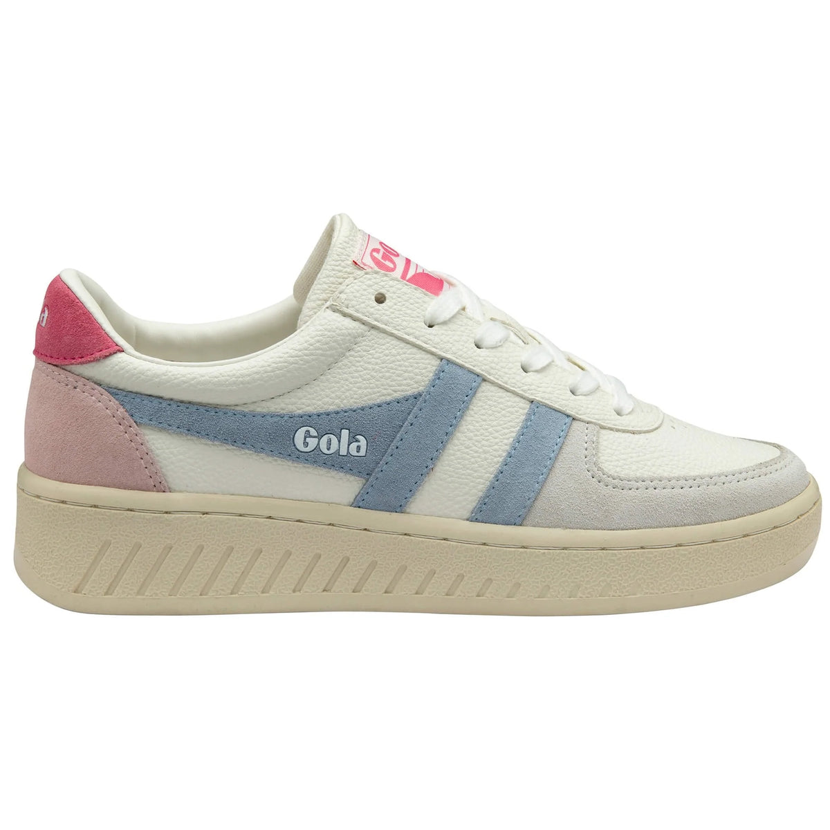 Gola Classics white trainer with blue and pink suede panels and a cream sole