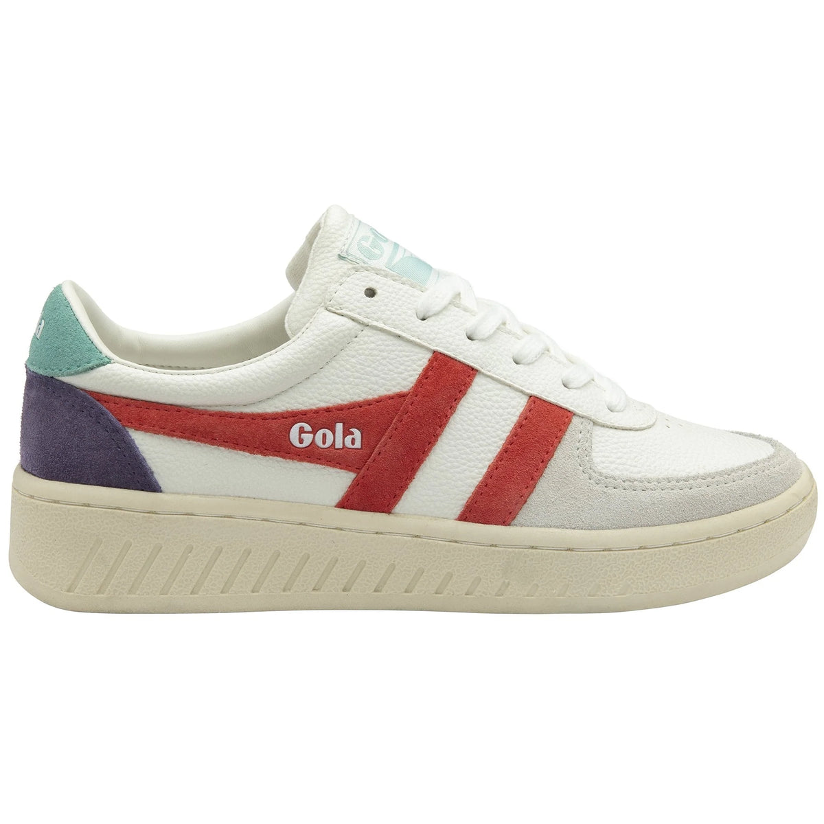 Gola Classics white trainer with red side stripes and purple and teal heel detailing