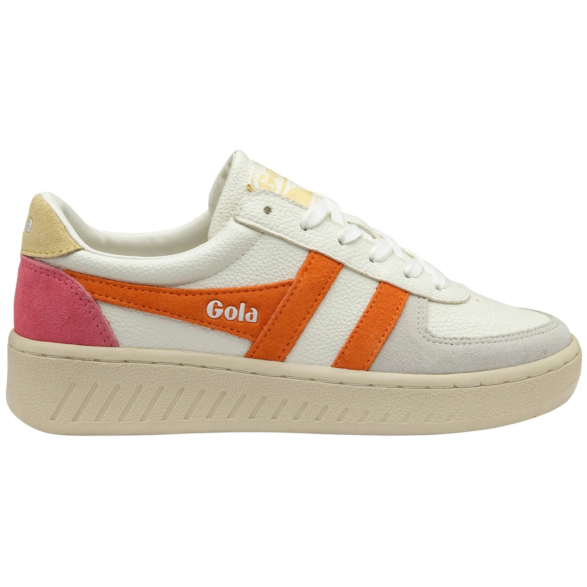 Gola Classics white trainer with orange side stripes and pink heel panel