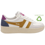 White Gola trainer with gold stripes, purple heel, and blue suede accent, with a green recycled logo on a white background
