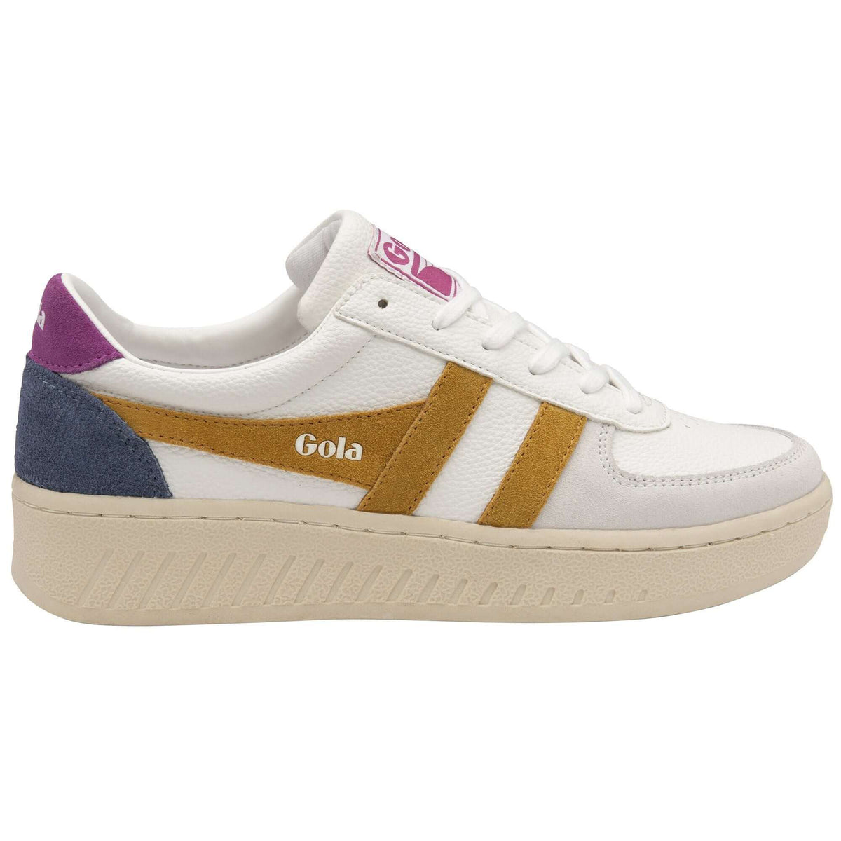 Gola Classics white trainer with mustard and blue suede panels and a chunky cream sole