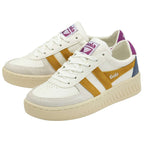 Pair of Gola trainers in white with yellow stripes and purple accents on a white background