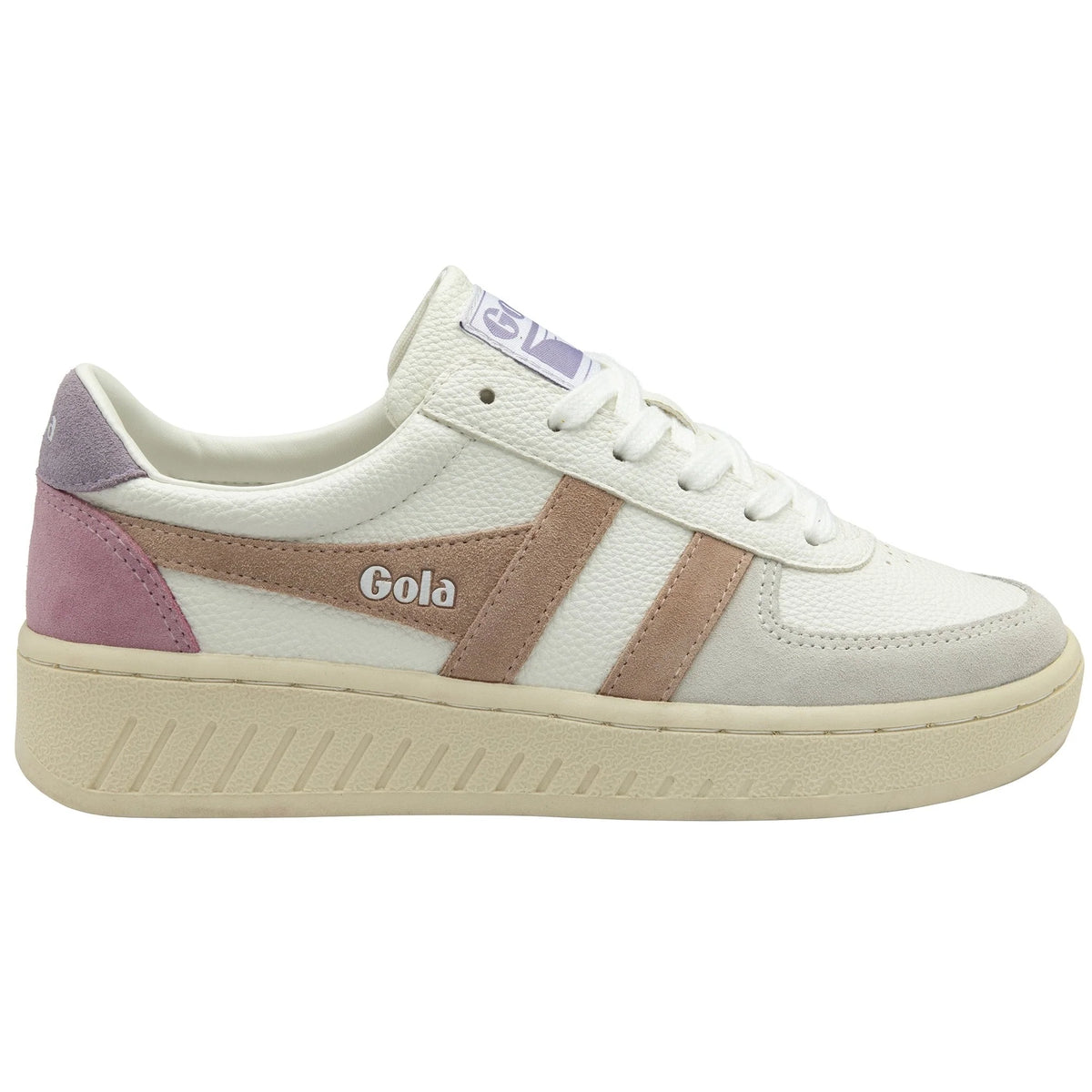 Gola Classics white trainer with pink and grey suede panels and a cream sole