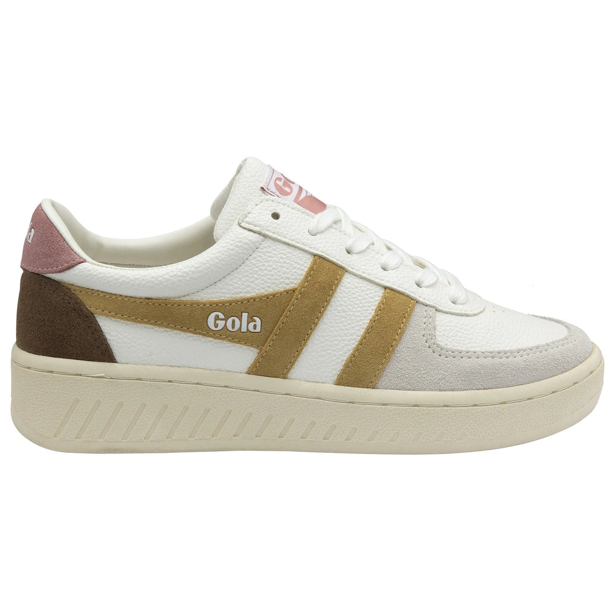 Gola Classics white trainer with tan and brown suede detailing and a cream sole