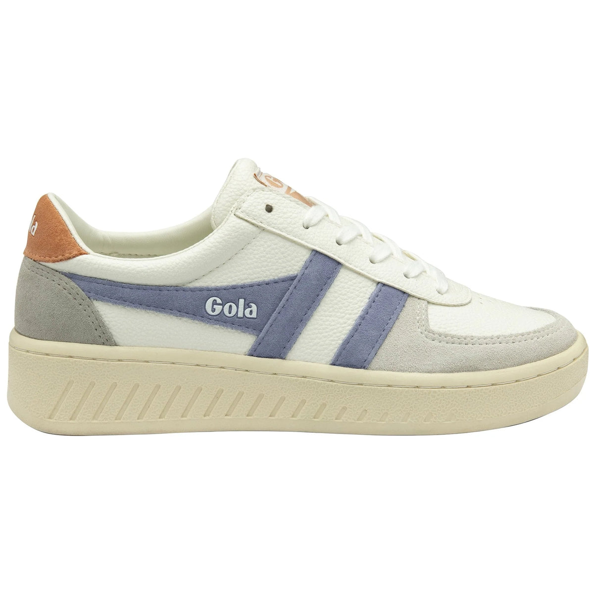 Gola Classics white trainer with blue side stripes and grey suede detailing