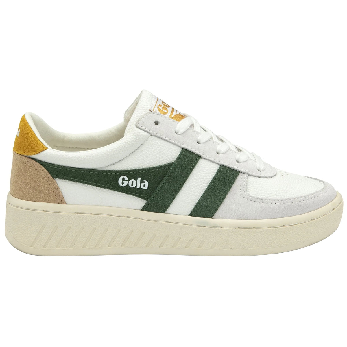 Gola Classics white trainer with green side stripes and tan heel detail