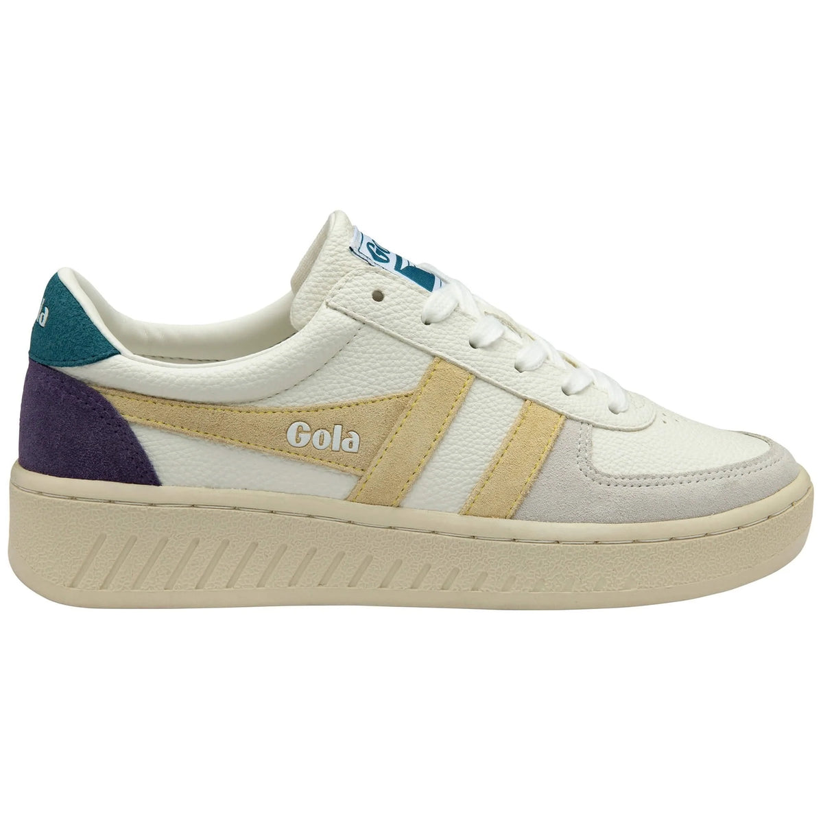Gola Classics white trainer with beige stripes and purple and teal heel detail