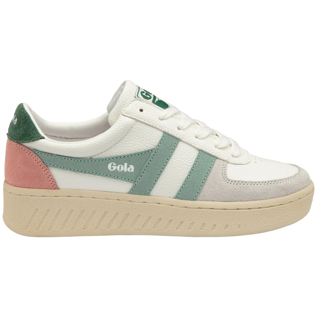 Gola Classics white trainer with green and pink suede panels and a beige platform sole