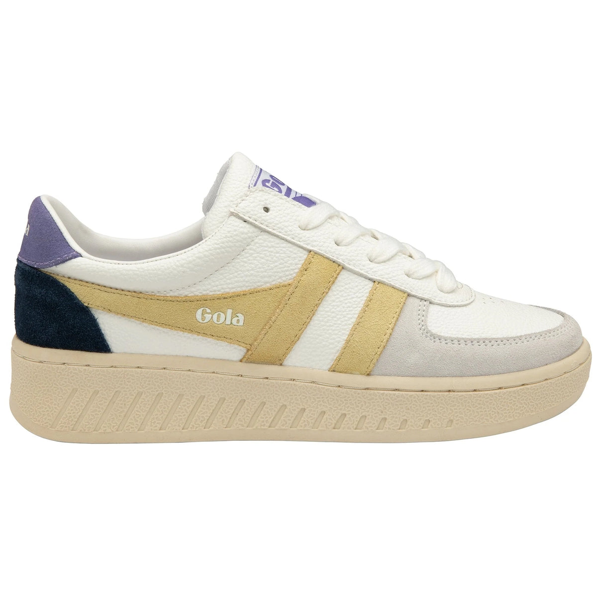 Gola Classics white trainer with yellow stripes and navy and purple heel detail