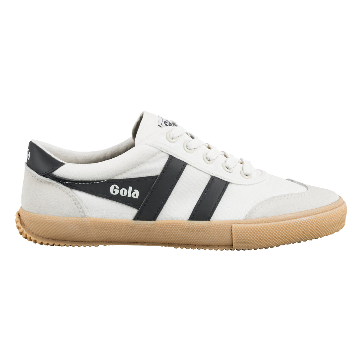 Gola Classics white canvas trainer with black side stripes and gum rubber sole